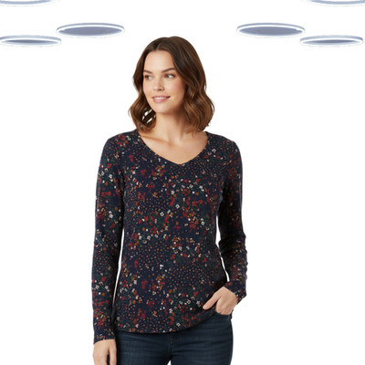 Ex Fat Face Women s Top - Long Sleeve Patchwork Floral Navy (Size 12)