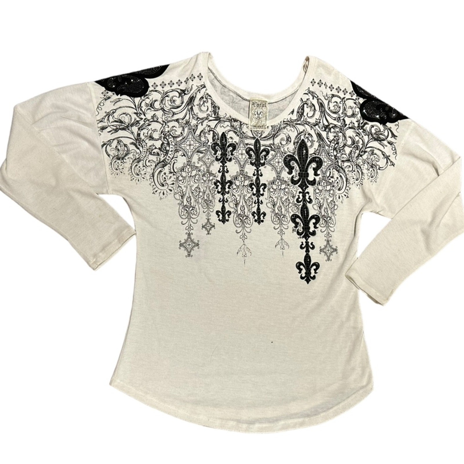 Vocal Women’s Large White and Black Long Sleeve Top with Fleur de Lis