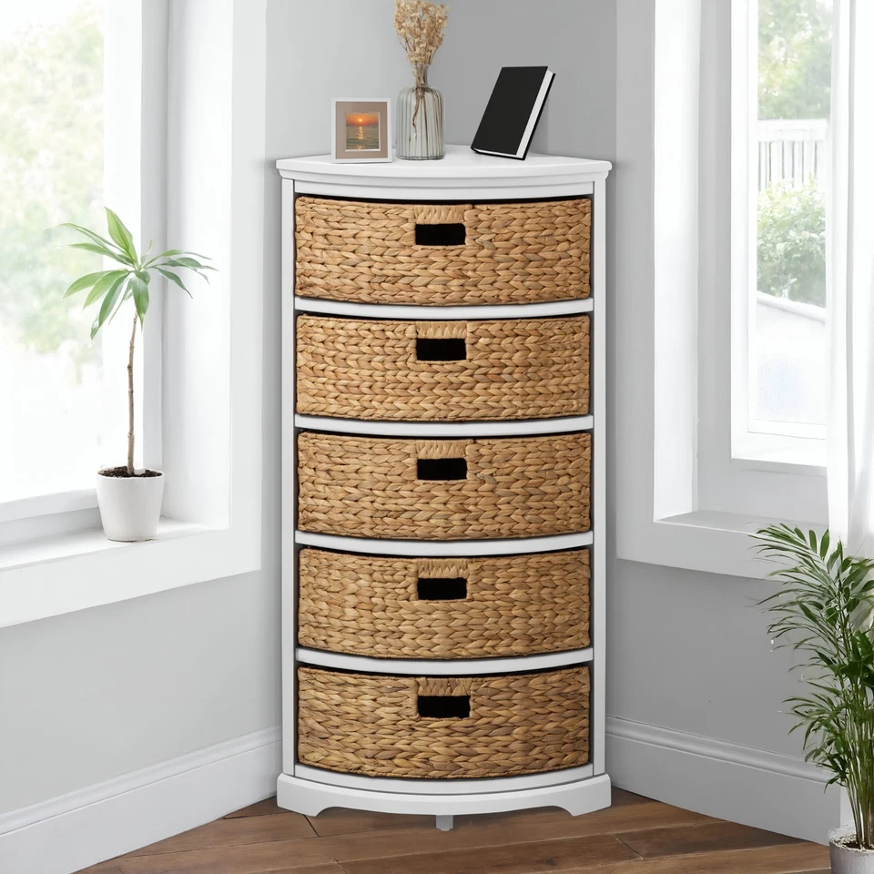 eHemco Hampton Meadows 5 Tier X-Side Corner Storage Cabinet with 5 Wicker Basket