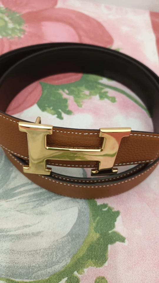 Cintura Uomo Reverse Hermès Nera E Beige,120cmx3.8 Cm,Fibbia A Specchio Dorata - Imagen 2 de 4