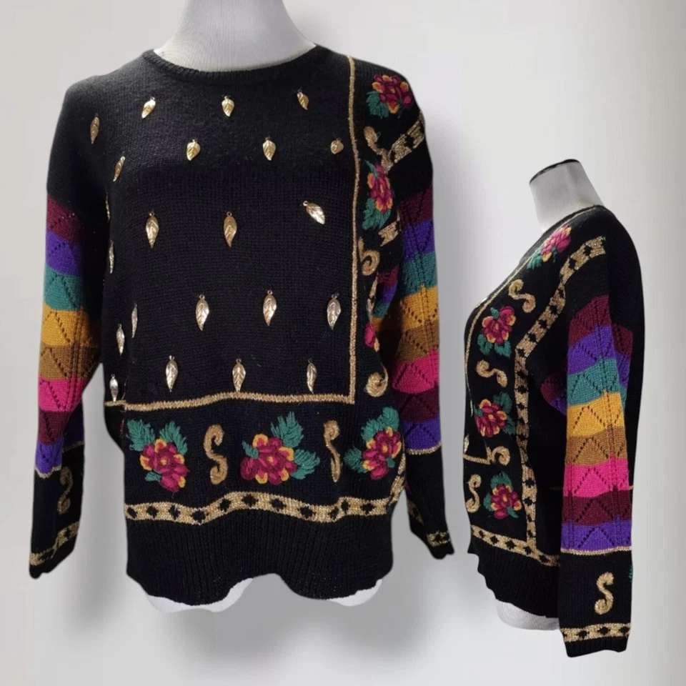 Suéter De Colección Años 80 Carole Little Embellecido Lana M Negro Arco Iris Arte para Usar Foto 2 de 4