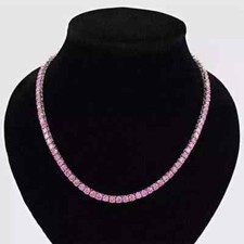27 Ct Round Cut Lab Created Pink Sapphire Tennis Necklace 14K White Gold Plated
