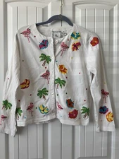 Michael Simon P/P White cardigan palm trees flamingos Hibiscus 100% Cotton Read!