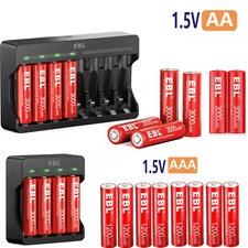 EBL AA AAA Batteries 1.5V Rechargeable 3000mwh Li-ion / DC  Charger For AA   LOT