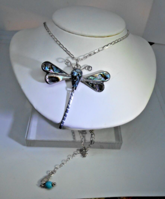 Vintage Big HOB Mexico Dragonfly Necklace 925 Sterling Silver MOP 