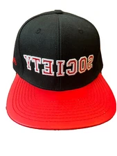 Society snap back hat with red faux leather brim OBO