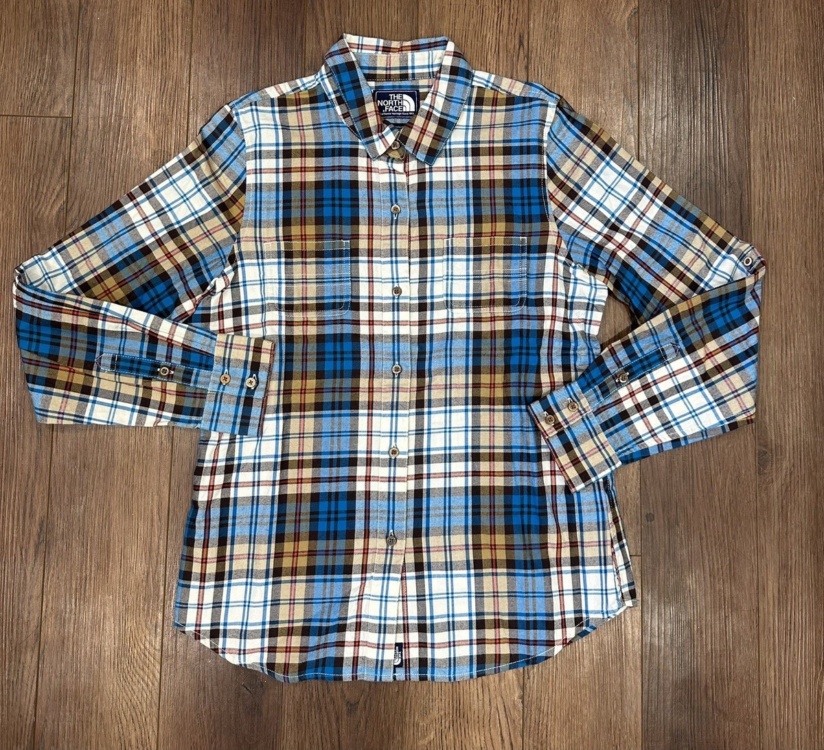 The North Face Flannel Plaid Blue Brown LS Button Shirt Men's M