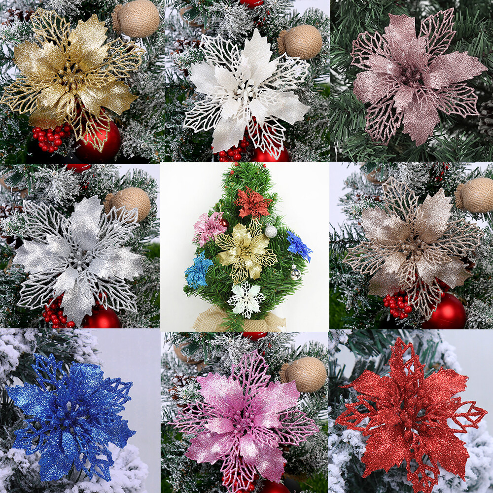 10X Large Poinsettia Glitter Flower Christmas Tree Hanging Party Xmas