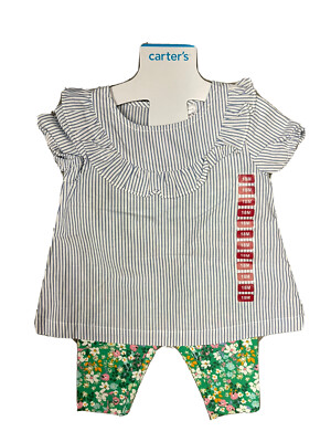 NWT Carters Striped Blue/White Floral Pants 2 Piece Set Size 3T