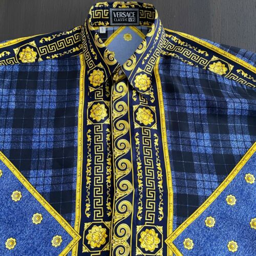 VERSACE CLASSIC V2 blue black gold silk shirt Barocco… - Gem