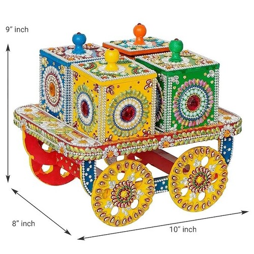 Wooden Handcrafted Hand Painted Rectangular Dry Fruit Storage Trolley Box Showpi - Picture 2 of 8