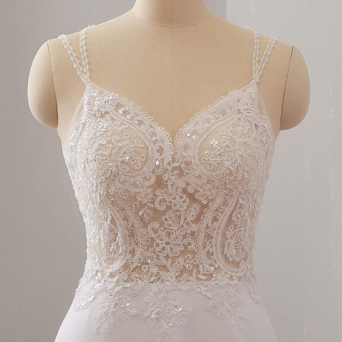 Beaded Flowy Chiffon Wedding Dress Bridal Gown Cross Straps Lace Bodice Sheer | eBay Beaded Flowy Chiffon Wedding Dress Bridal Gown Cross Straps Lace Bodice Sheer | eBay