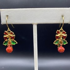 Christmas Earrings Holiday Hook Enamel Bow Jingle Bell Holly 1.5" Total