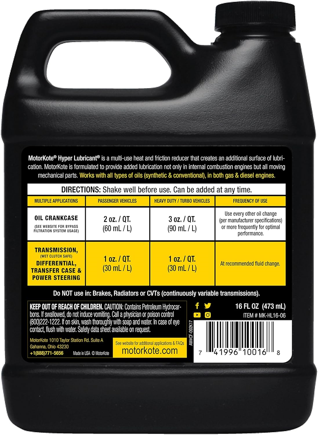 Motorkote Hyper Lubricant Engine Treatment MKHL1606 16Ounce Single