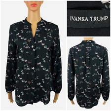 Ivanka Trump Womens Small Top Blouse Black Floral Button Long Sleeve EUC