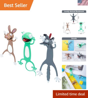 3D Cartoon Animal Bookmarks Set - Cute Squashed Wolf, Rabbit & Gecko