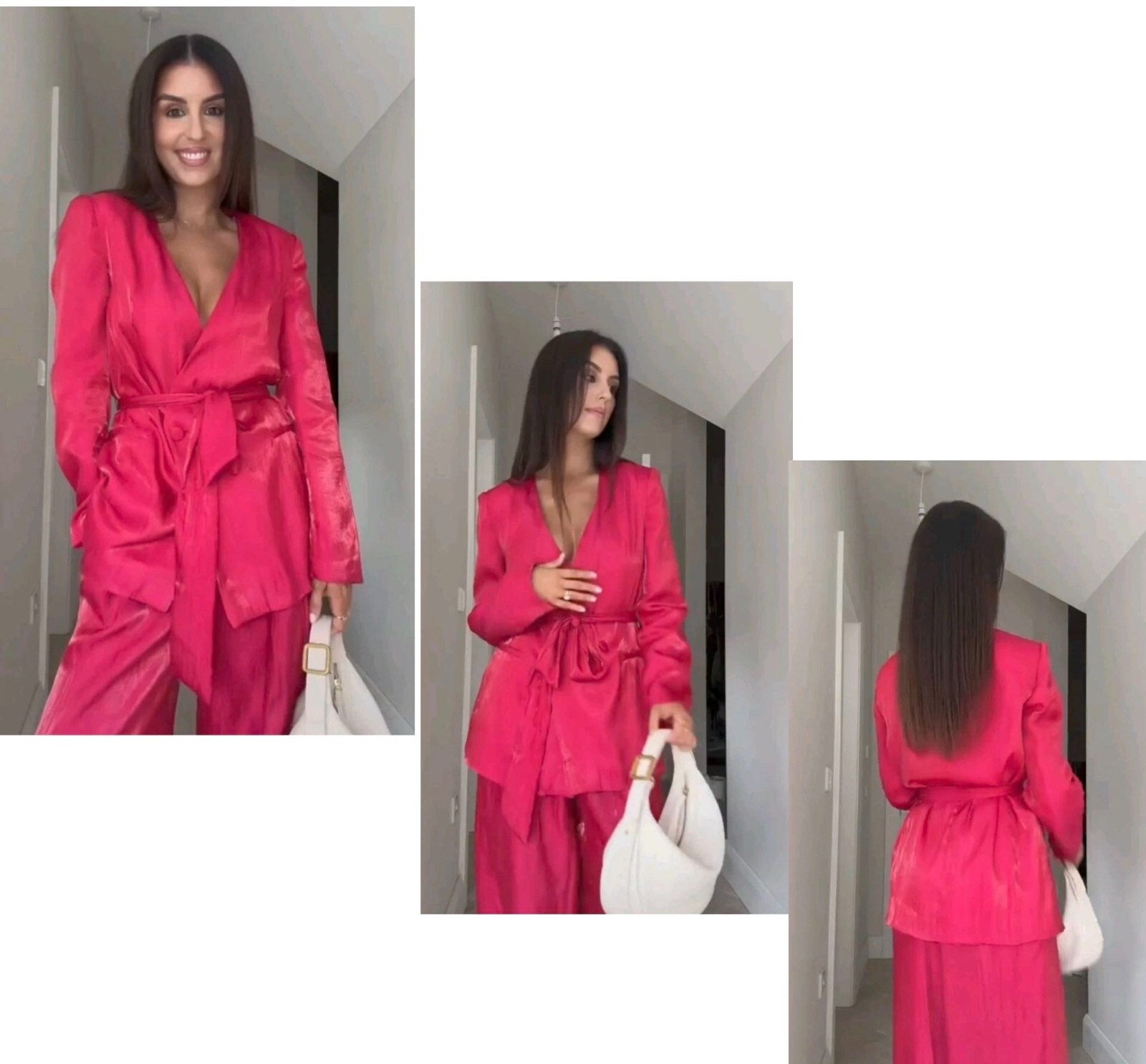 Zara Double Breasted Belted Tie Blazer Womens Medium Shiny Fuchsia Hot Pink NWOT image 2
