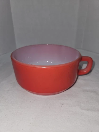 Vintage Fire King Anchor Hocking Red  D Handle Soup Chili Bowl Glass Made In USA