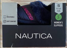 NAUTICA WOMENS ALIVEA FAUX FUR COLLAR BOXED SLIPPERS SIZE S 5-6 NAVY
