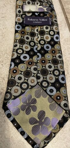 Roberto Villini Couture Designer Handmade 100% Silk Tie Geometric Browns Blue - Picture 3 of 8
