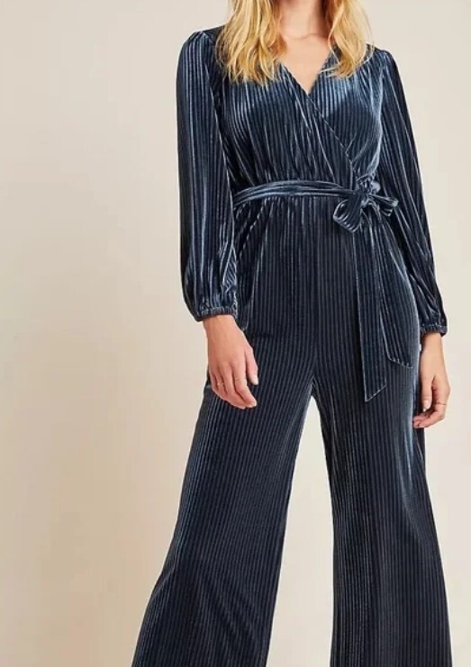 New Ali Jay Teal Velvet Jumpsuit Womens XL Pleated Wide Leg Samantha