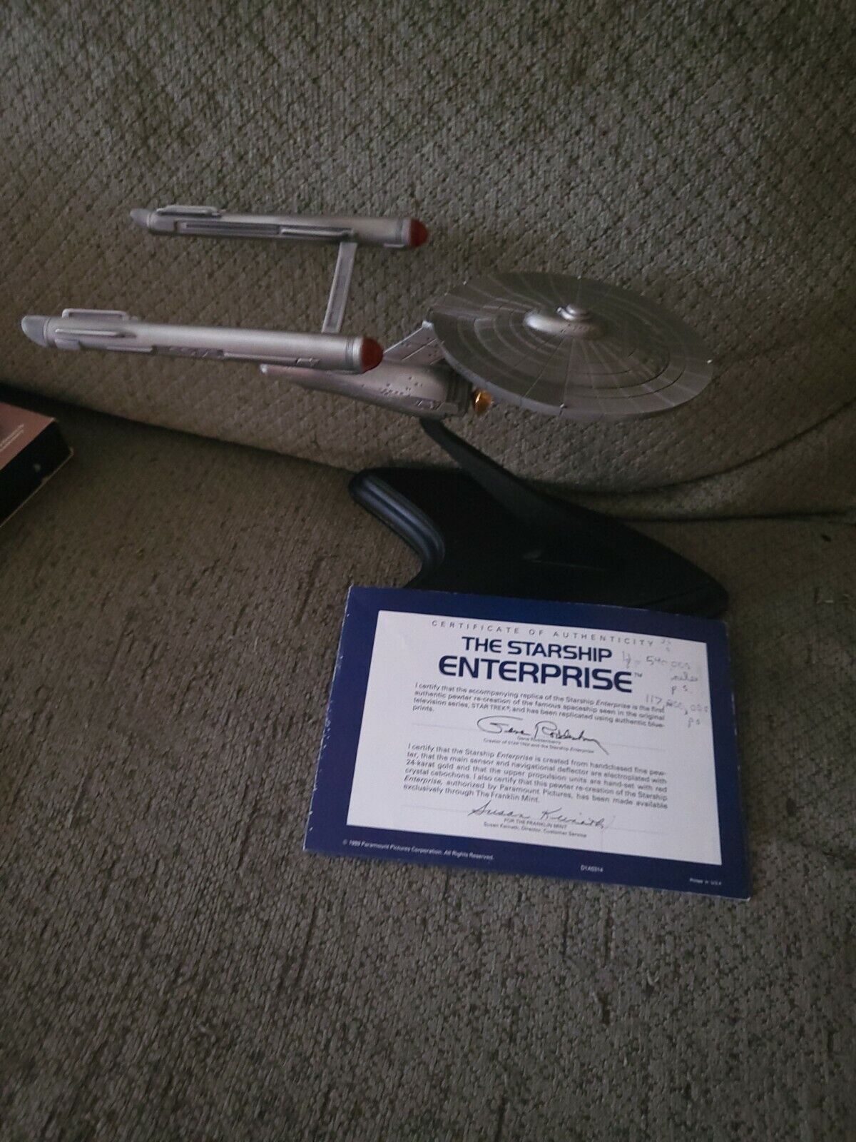 Franklin Mint Star Trek USS Enterprise NCC-1701 PEWTER Ship w/ Stand and COA...