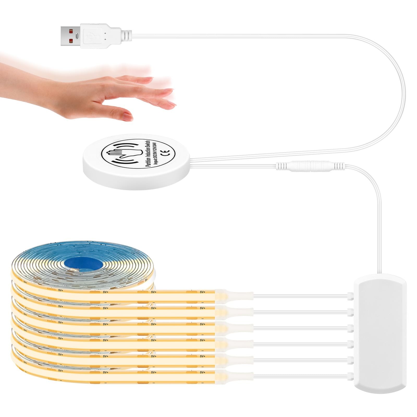 Ruban LED COB 5V basse tension blanc chaud pour rétroéclairage TV et vitrine de salon