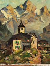 Quadro impressionista paesaggio catena montuosa villaggio Alpi svizzere G. Zanotta