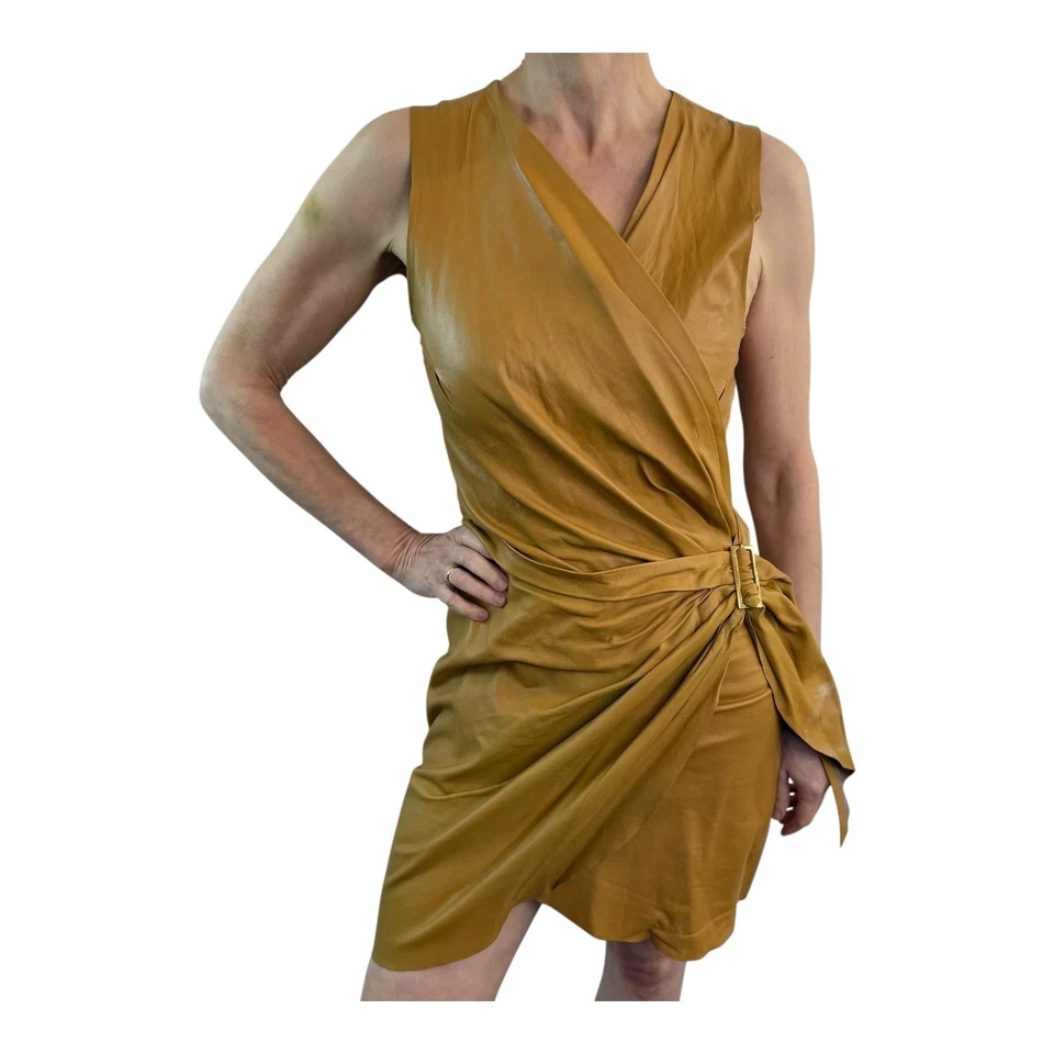 Kirrily Johnston Size 8 Aus 4 US Mustard Brown Leather Mini Wrap Dress Vintage - image 3 of 4