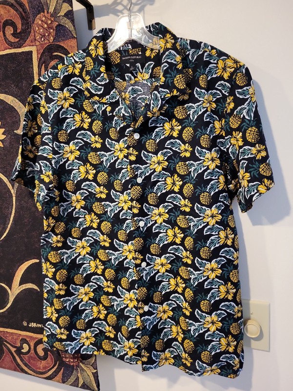 Banana Republic Slim Fit Linen Cotton Button Shirt Men LG Short Sleeve Hawaiian 