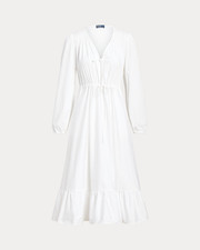 NWT Polo Ralph Lauren Cotton V-Neck Midi in White Tied Puff Sleeve Dress 4