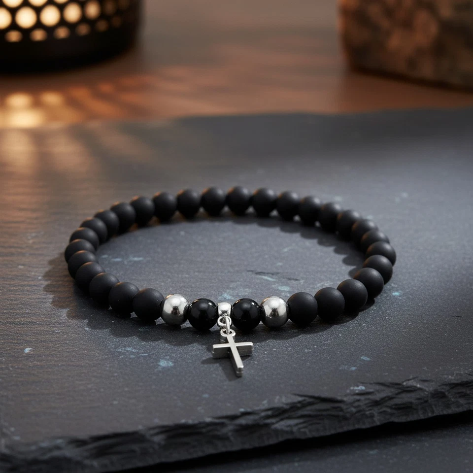 Bracciale con croce perle nero e argento in acciaio inox braccialetto uomo donna - Immagine 2 di 4