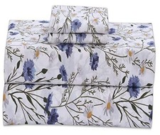 100% Cotton Bed Sheets, 4 Pcs Bed Sets, Blue & Yellow Floral Queen Sweet Pea