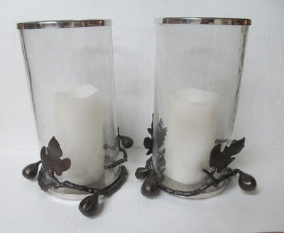 Michael Aram Fig Leaf hurricane base + globes w/ silver top PAIR