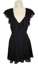 Lulus Women Sz XS Black Skater Mini Dress Ruffle Chiffon Deep V-neck Sleeveless