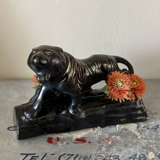 Vintage ‘50s Large Mcm Figural Black & Gold Ceramic Tiger Planter 11.75”