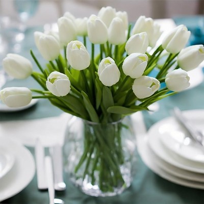 WeTop 30pcs Real Touch Tulips PU Artificial Flowers, 10'' x 5'' x 5'', White