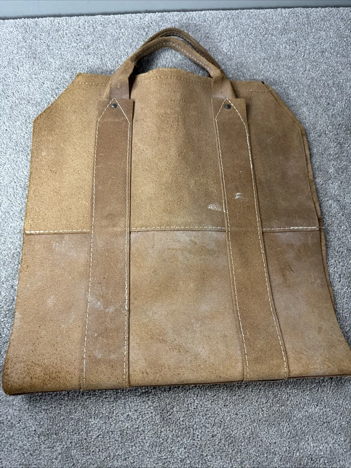 Soporte para troncos de cuero para chimenea de leña color marrón doble mango Foto 3 de 4