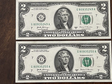 Two 2017 A 2 Uncirculated Federal Reserve Notes with serial numbers in order