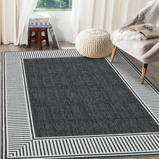 8x10 Striped Border Area Rug Washable Carpet for Living Room Dining Room Black