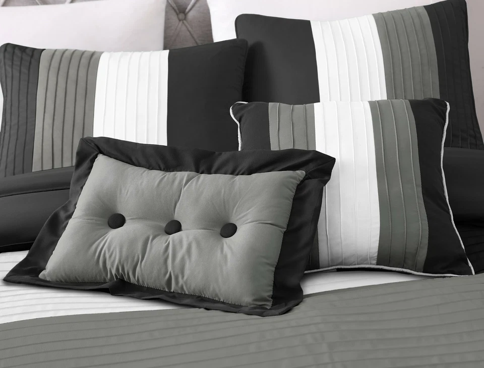 8-Piece Luxury Pintuck Pleated Stripe Black, Gray, and White Comforter Set - Image 3 of 4