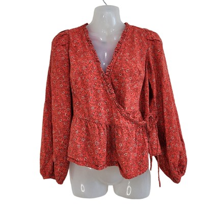 Universal Thread Floral Long Sleeve Wrap Blouse V-Neck Ruffle Trim Red Medium