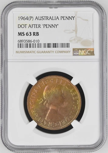 1964P Australia Penny KM-56 Dot After "Penny" Awesome Toning! NGC MS63 RB