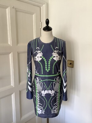 EMMA COOK GRAU BLAU STRETCH FIGURBETONT LEOPARDENMUSTER MINIKLEID Gr. 12