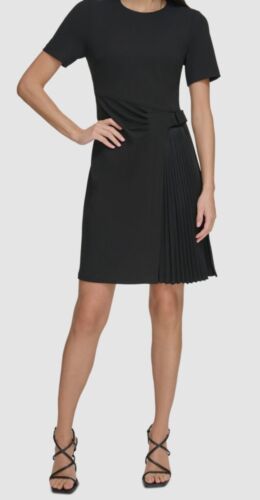 DKNY Women's Black Pleat-Front Round-Neck Short-Sleeve Dress Size 14