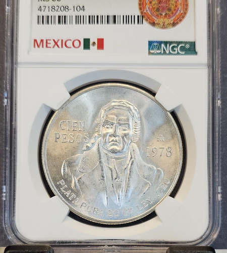 1978 MEXICO SILVER 100 PESOS S100P DOUBLED DIE REVERSE NGC MS 66 GEM BU BEAUTY - Picture 3 of 3