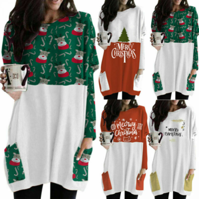 ladies christmas t shirt dress Christmas Women Pockets T Shirt Dress Long Sleeve Floral Tops Dresses Xmas  Party