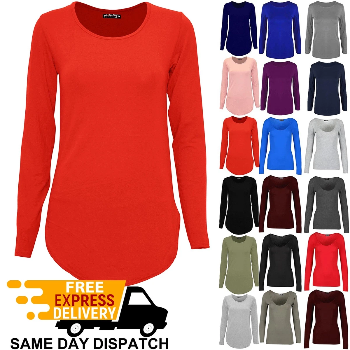 Womens Ladies Plain Casual Curved Hem Round Neck Long Sleeve