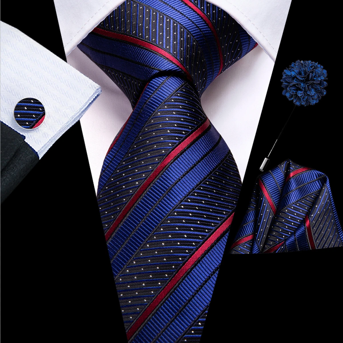 Striped Blue Mens Silk Tie and Handkerchief Cufflink Set Necktie