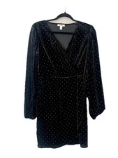 Nine West Black Soft Velvet Silver Studded Faux Wrap Party Dress Chic Size M